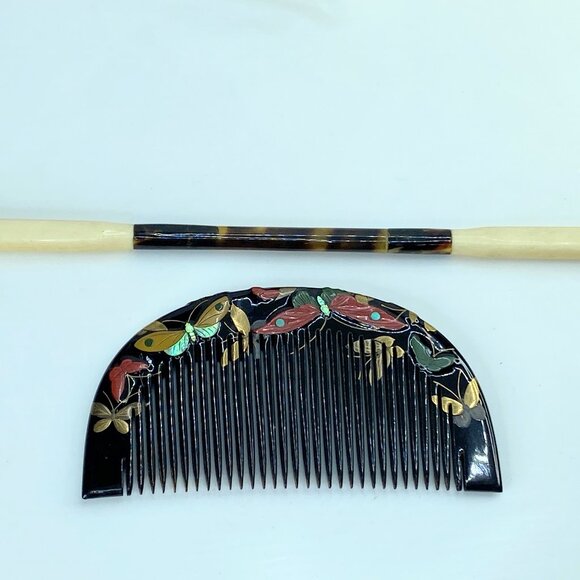 Art Deco Japanese Floral Lacquer shell MOP Hair Comb & Stick Set GS616 main image 5